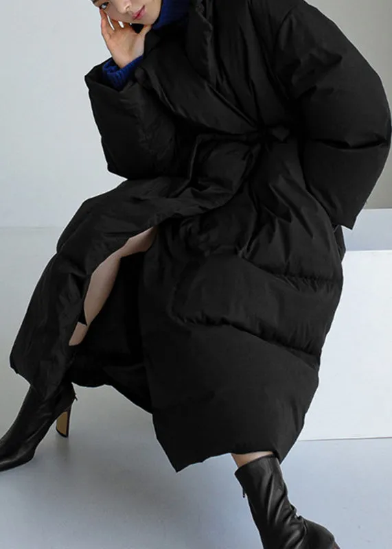 Black Stand Collar Tie Waist Womens Parka Long Sleeve