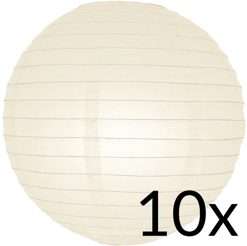 BULK PACK (10) 20" Beige / Ivory Round Paper Lanterns, Even Ribbing, Hanging Decoration