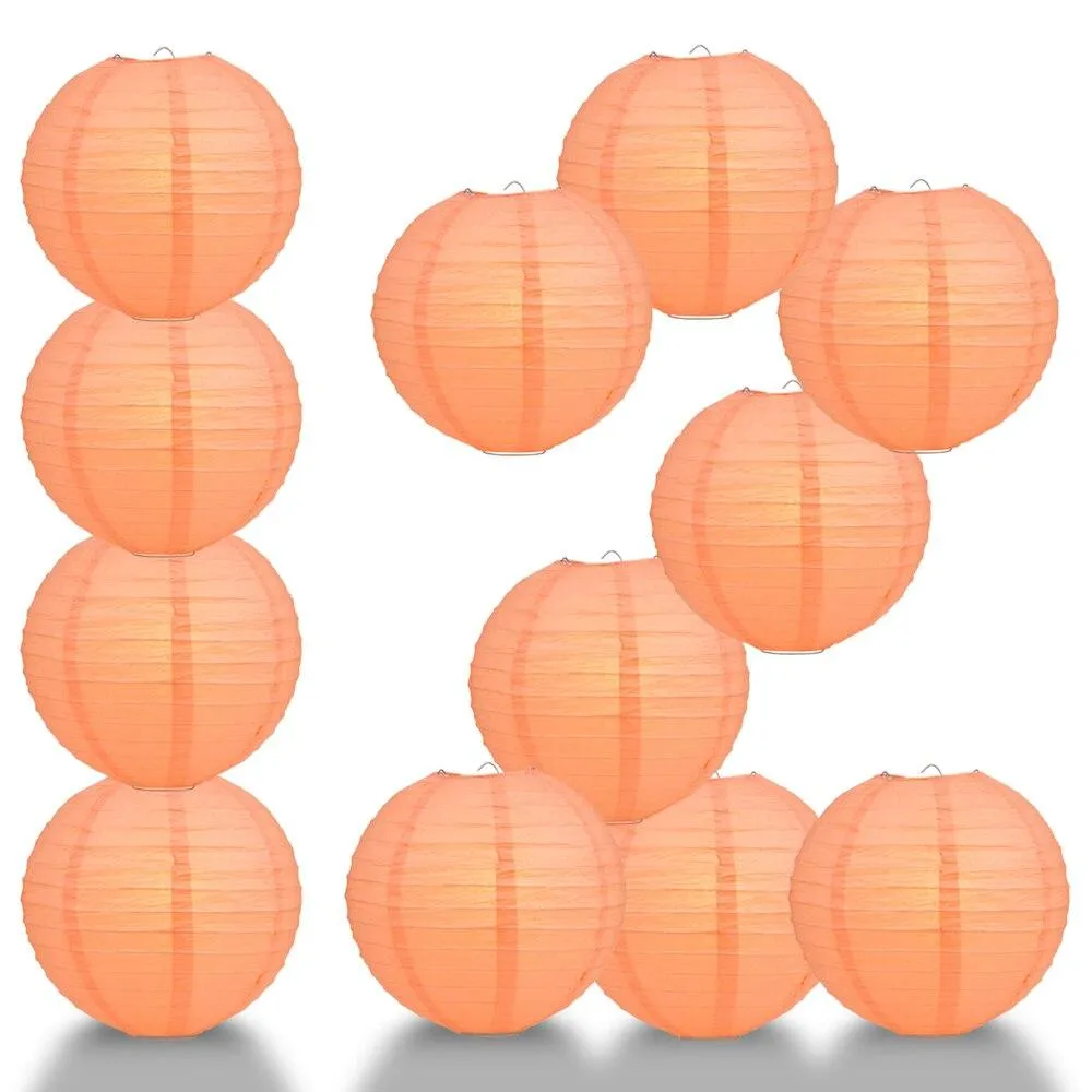BULK PACK (12) 24" Peach / Orange Coral Round Paper Lantern, Even Ribbing, Chinese Hanging Wedding & Party Decoration