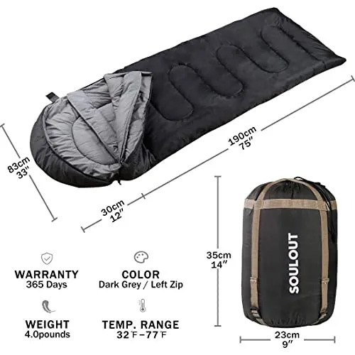 Envelope Sleeping Bag - 3-4 Seasons Warm Cold Weather