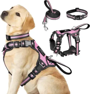 Pet Harness Collar and Leash Set, All-In-One Reflective Dog Harness No Pull with Adjustable Buckles for Puppies, Small, Medium, Large, and Extra-Large Dogs (Large, Pink)