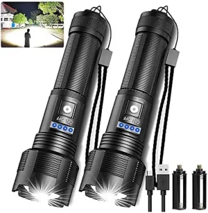 Rechargeable LED Tactical Flashlights High Lumens, 10000 Lumens XHP50 Super Bright LED Flashlight, Zoomable, IPX6 Waterproof, 5Modes, Powerful Handheld Flashlight for Camping, 2PCS